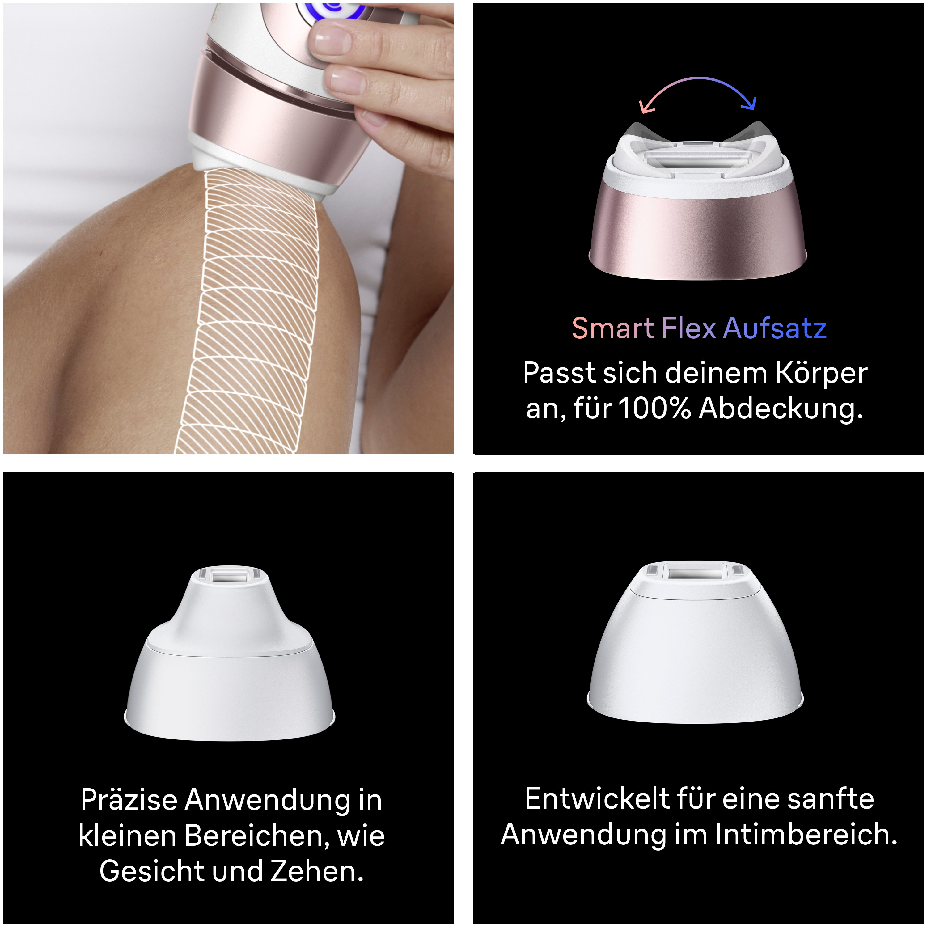 Ansicht eines Epiliergeräts mit verschiedenen Aufsätzen und deren Anwendungsbereichen.