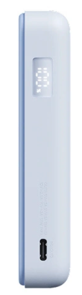 Jasnoniebieski power bank z cyfrowym wyświetlaczem (62%) i portem USB-C.