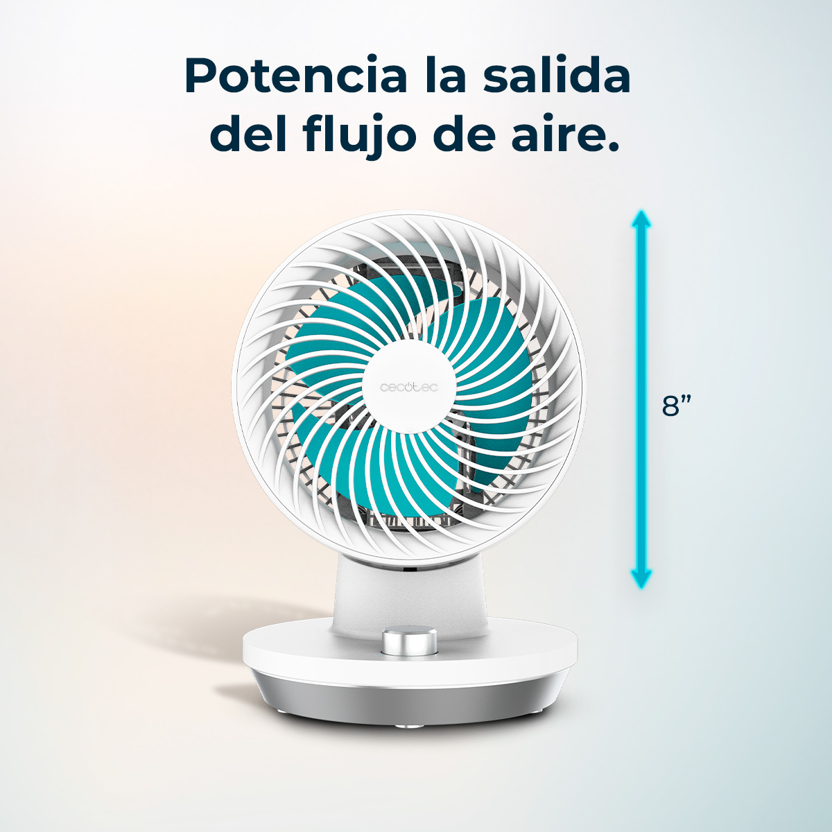 Un ventilador de escritorio blanco con aspas turquesas, de 8 pulgadas.