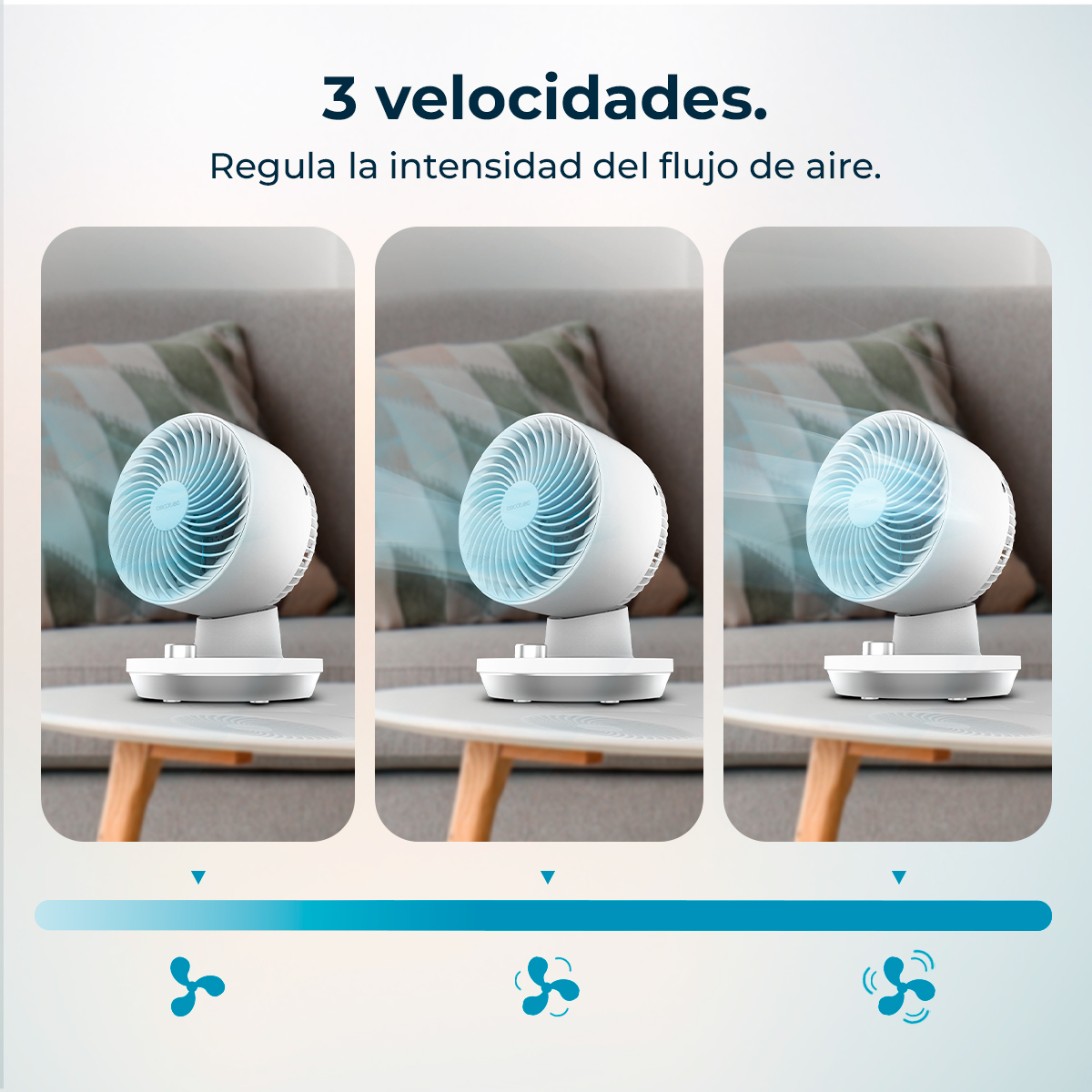 Tres ventiladores blancos sobre mesas, mostrando 3 velocidades de aire.