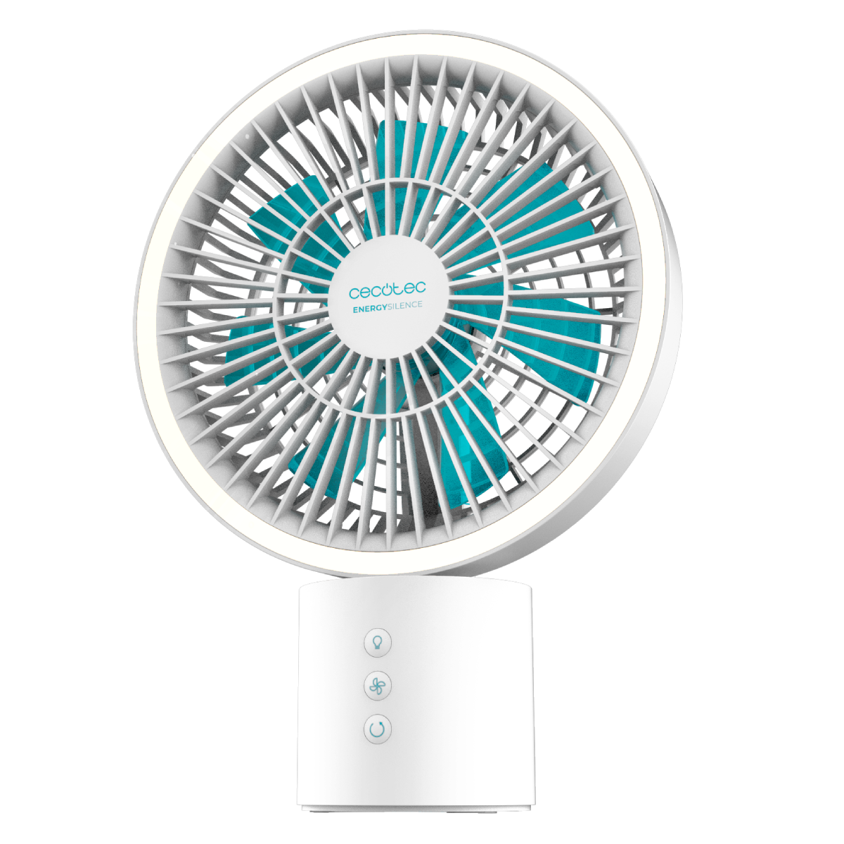 Un ventilador blanco con aspas azules y panel de control.