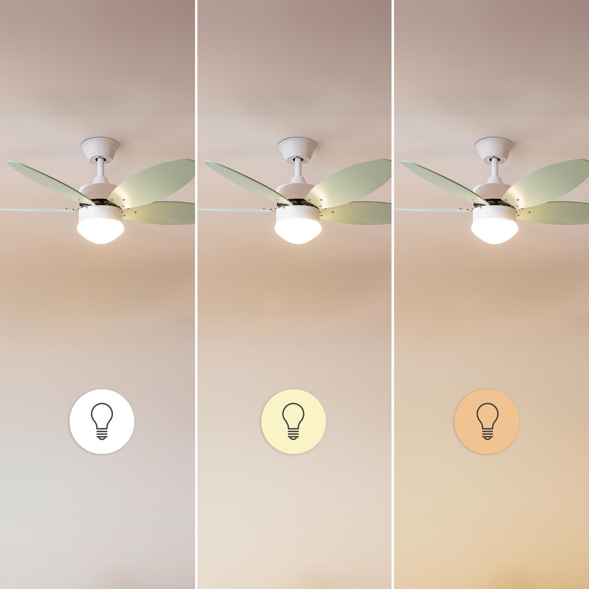 Ventilador de techo blanco con luz, mostrando tres ajustes de temperatura de color.