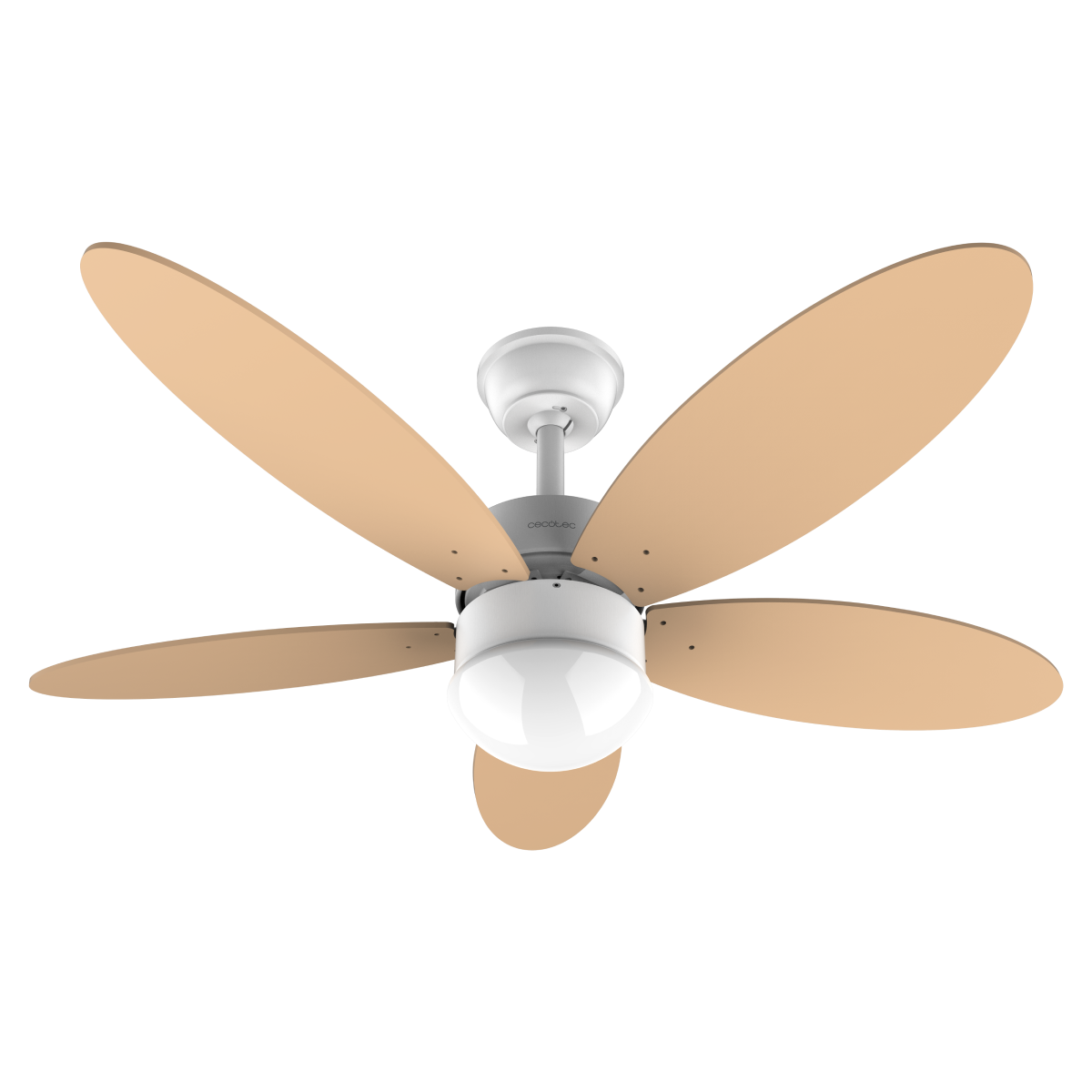 Un ventilador de techo blanco con cinco aspas marrón claro y una lámpara.