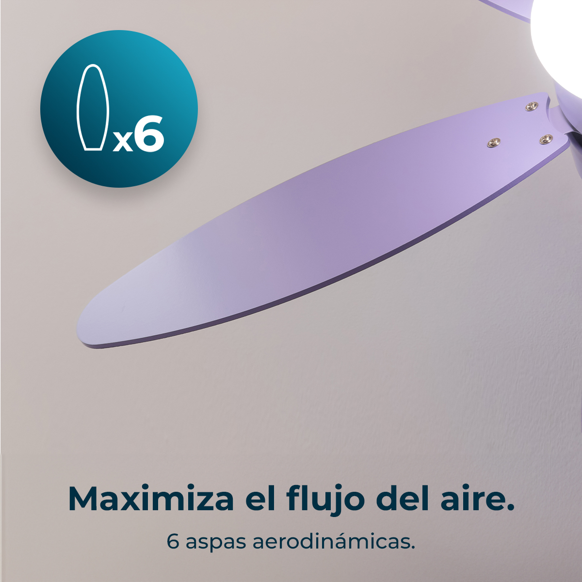 Un ventilador de techo con 6 aspas aerodinámicas lila.