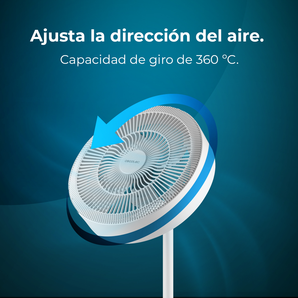 Un ventilador blanco con flecha azul que indica rotación 360°.