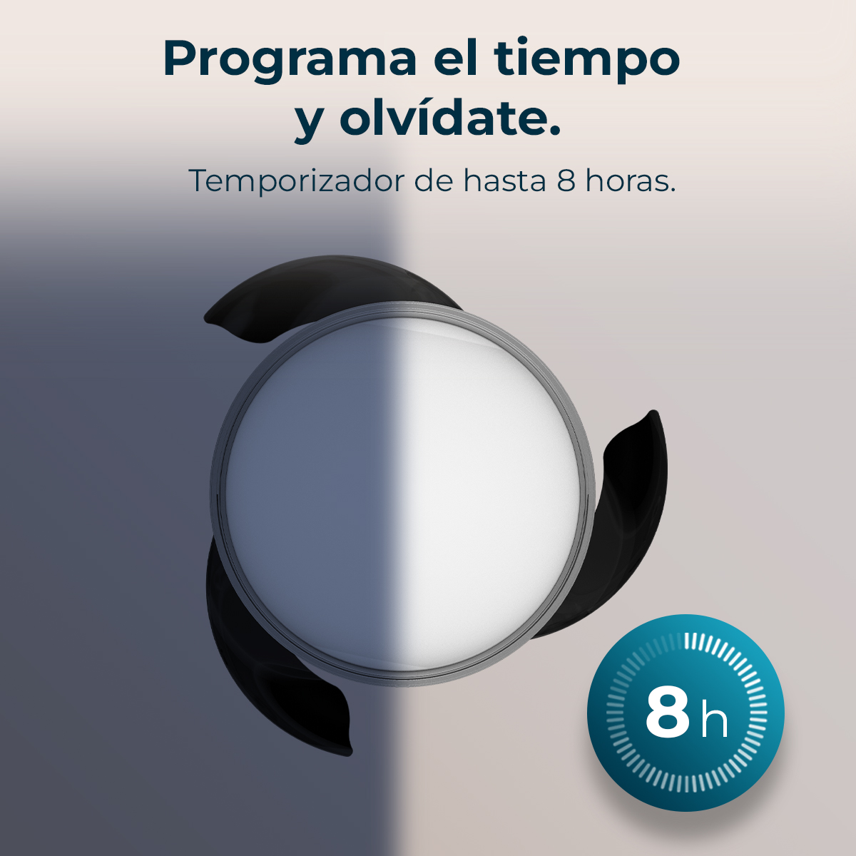 Un dispositivo con círculo brillante y aspas negras. Un ícono de 8h.