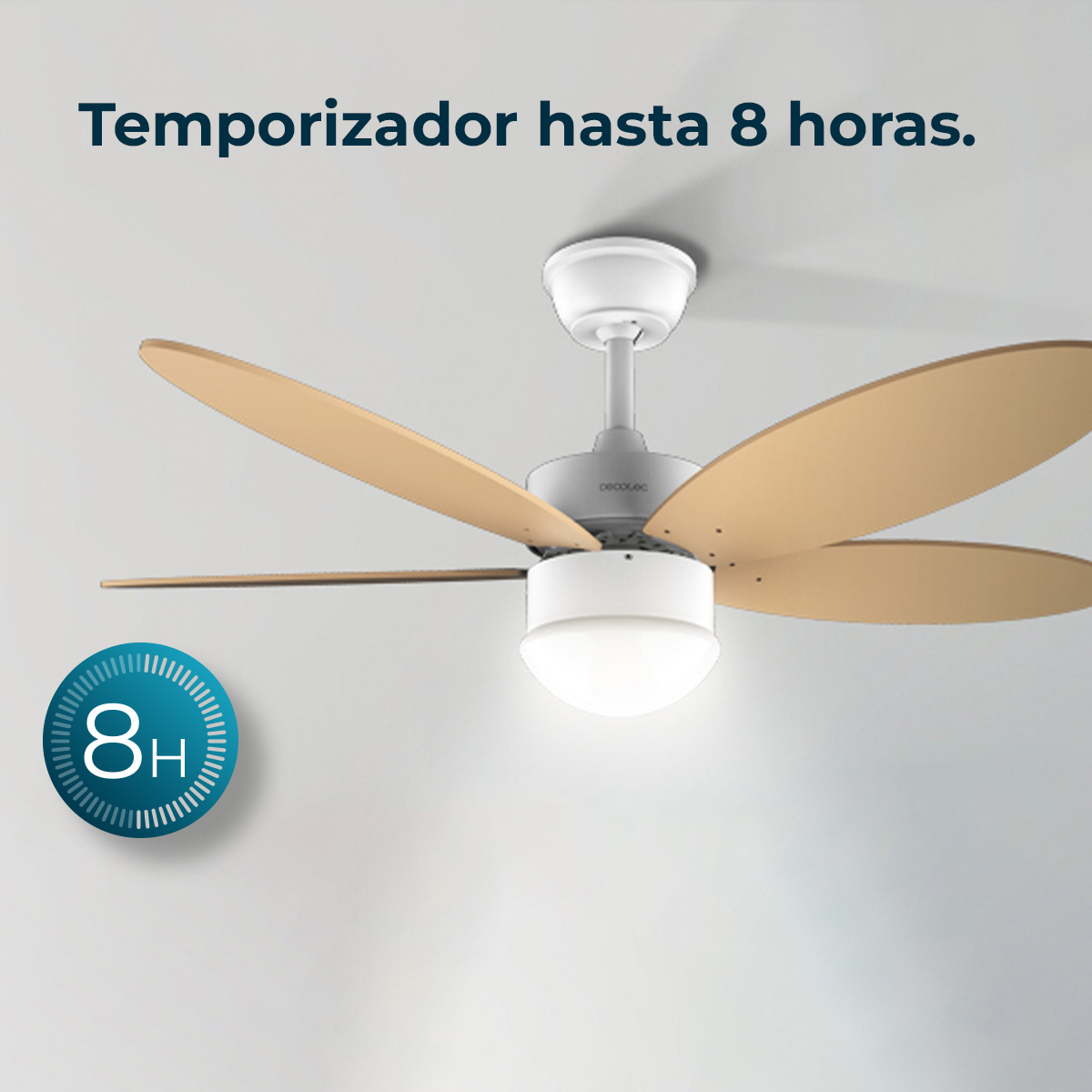 Ventilador de techo con temporizador de 8 horas.