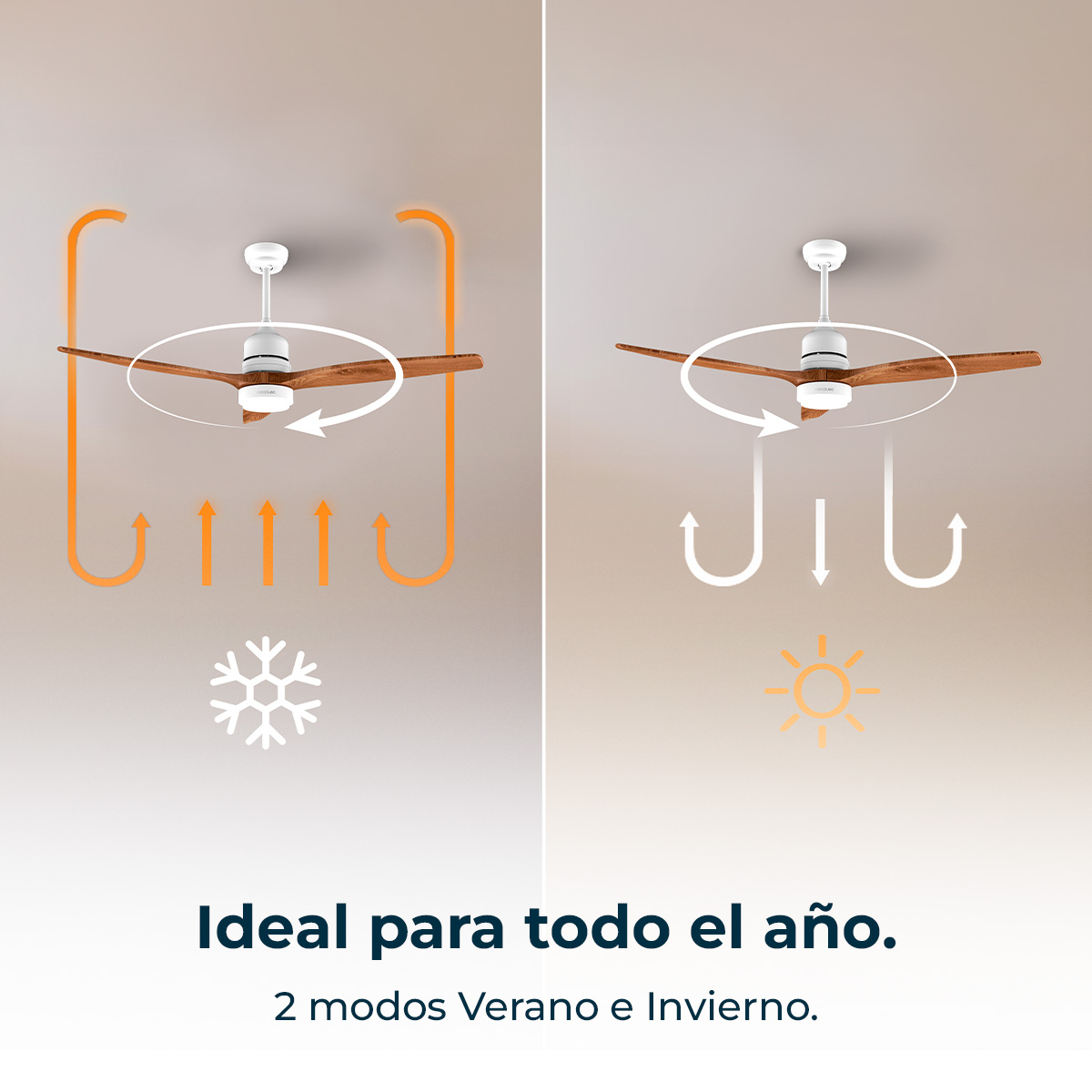 Ventilador de techo con aspas de madera mostrando modos verano e invierno.