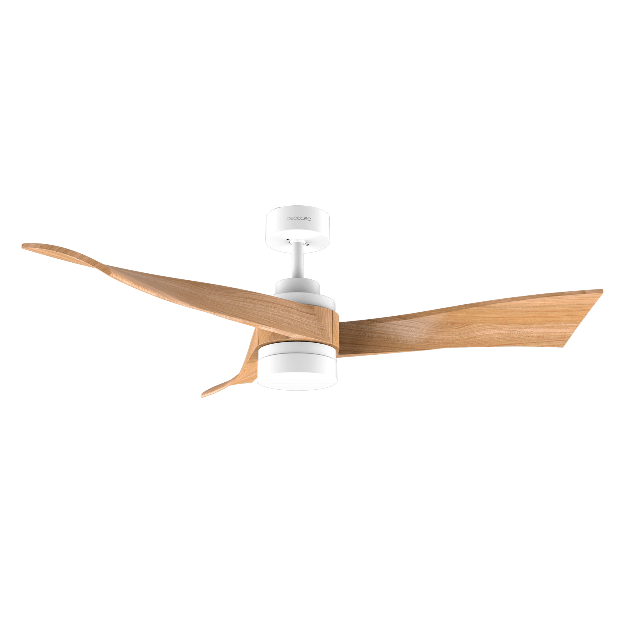 Ventilador de techo con tres aspas de madera y luz integrada.