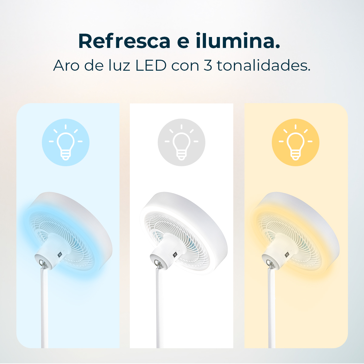 Un ventilador blanco con luz LED en tres colores: azul, blanco y amarillo.