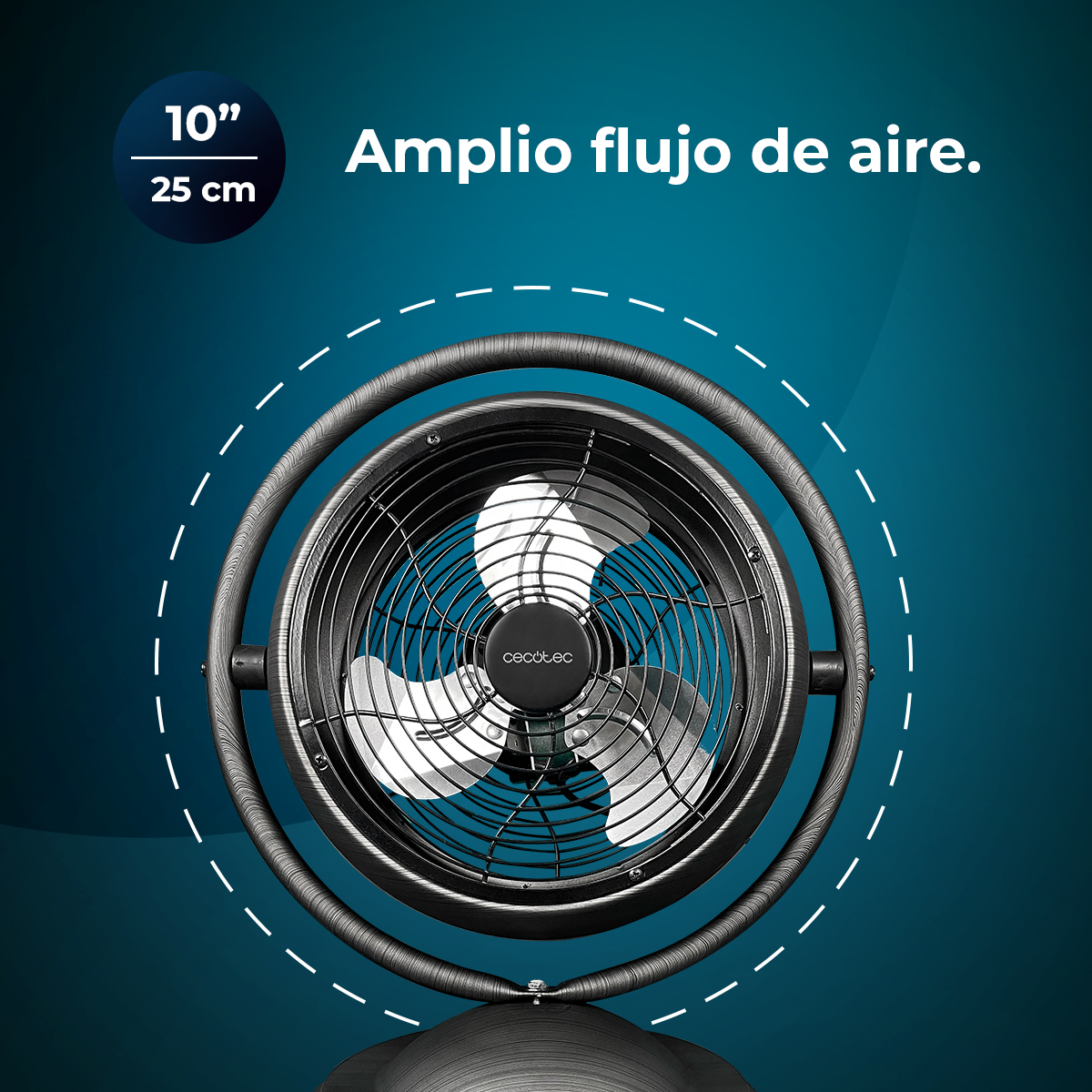 Un ventilador negro de 10 pulgadas (25 cm) con aspas aspirando aire.