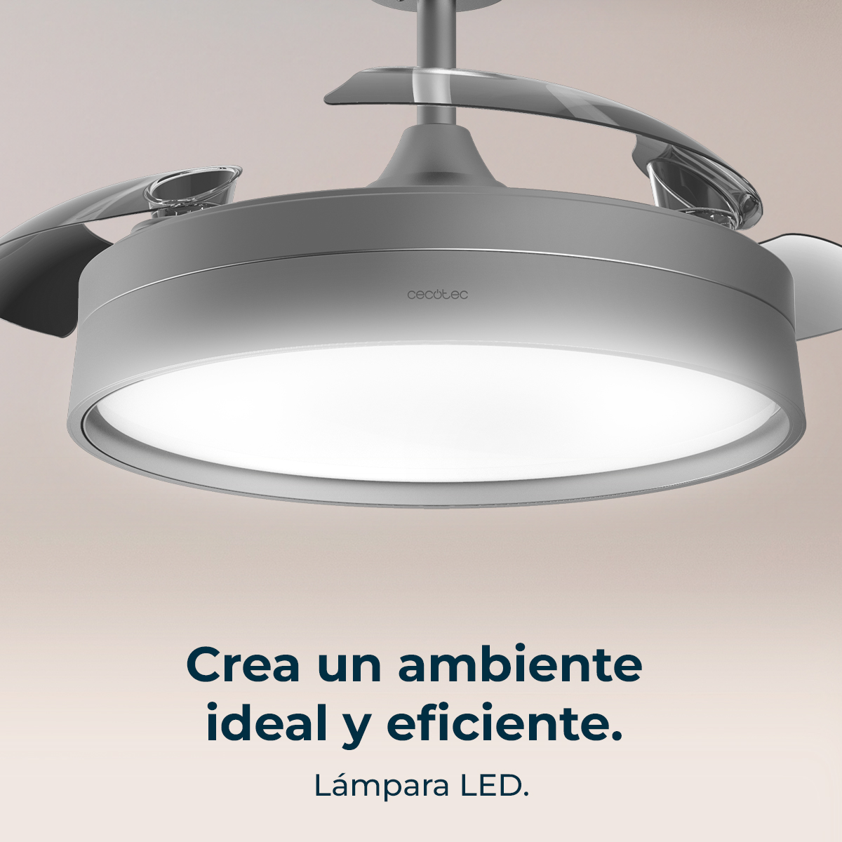Se muestra un moderno ventilador de techo gris con luz LED integrada.
