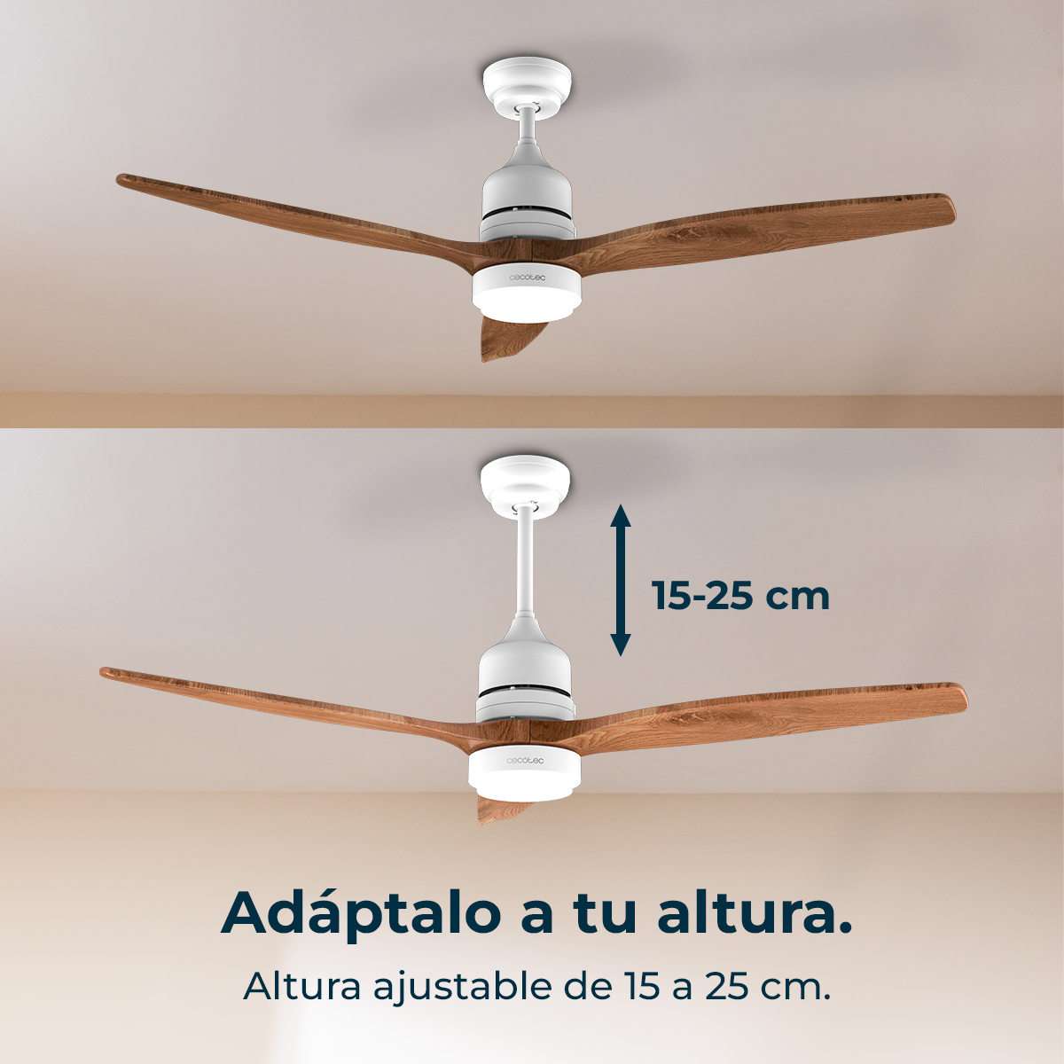 Ventilador de techo con aspas de madera, se muestran dos alturas.