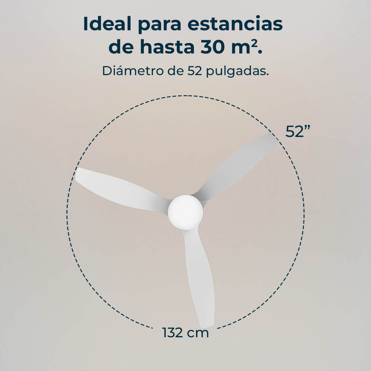 Un ventilador de techo blanco de tres aspas de 52 pulgadas (132 cm).