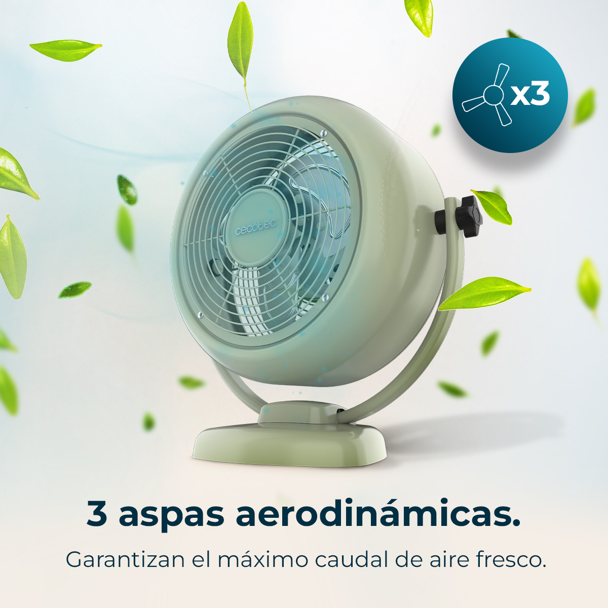 Un ventilador verde claro con tres aspas aerodinámicas rodeado de hojas.