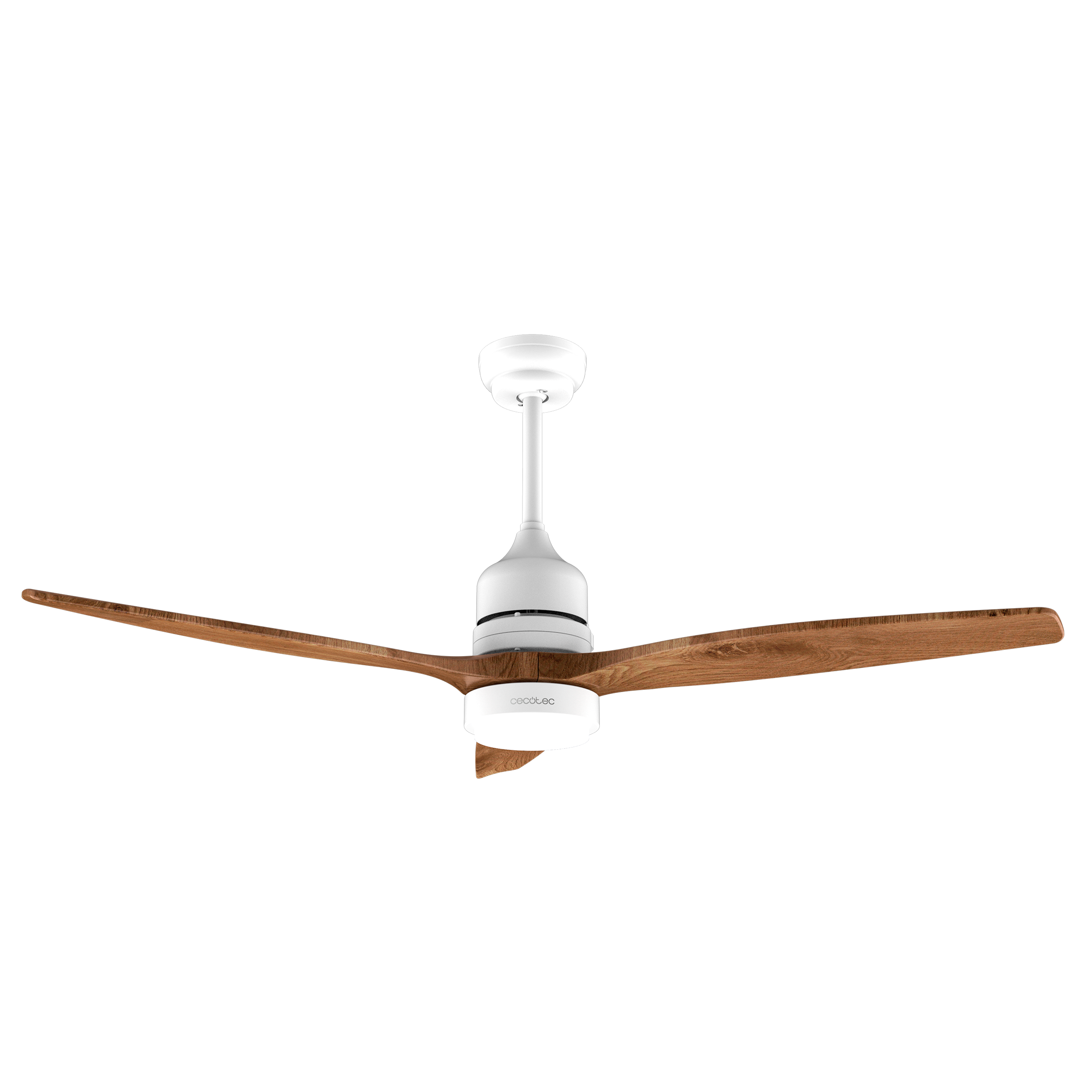 Un ventilador de techo blanco con aspas de madera y luz.