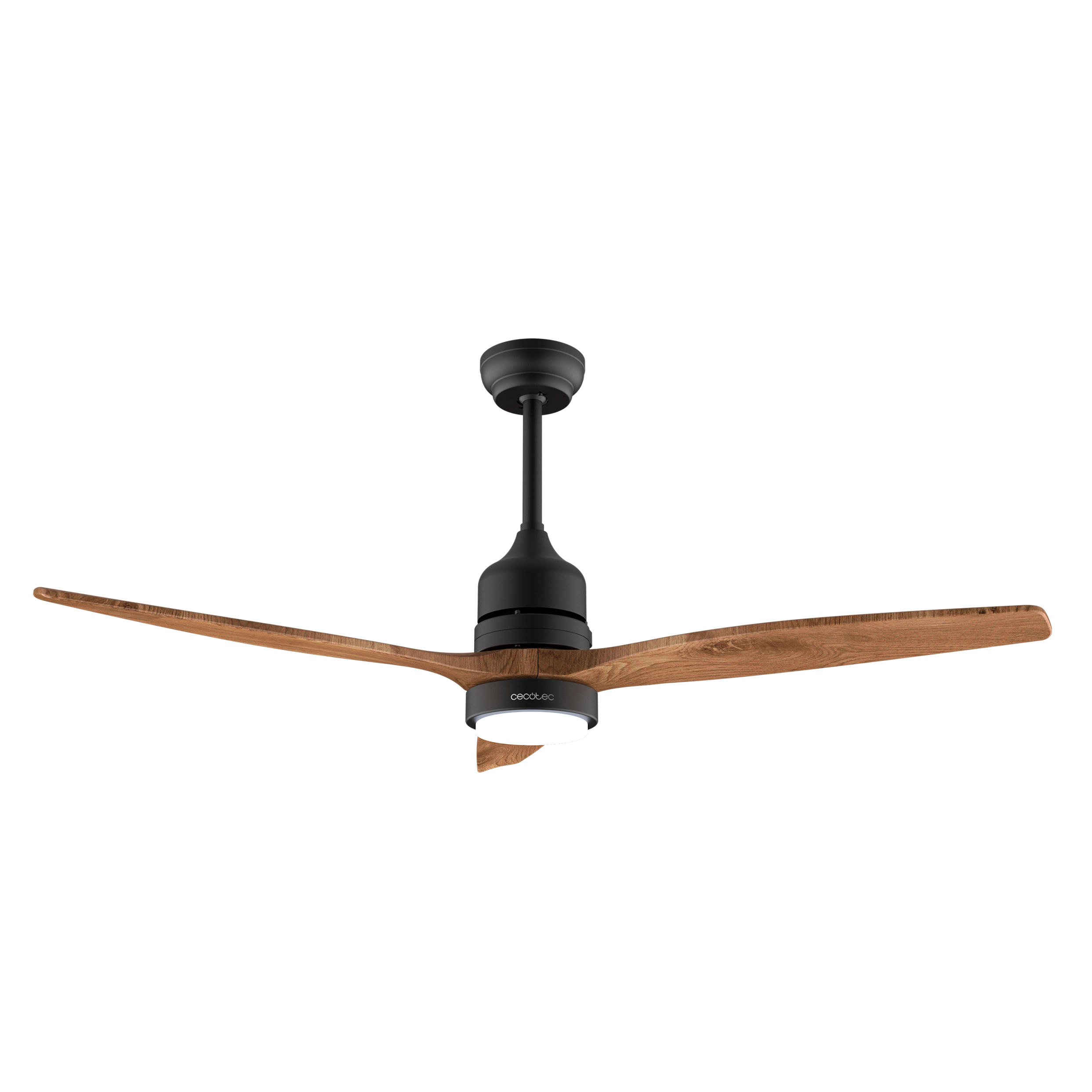 Ventilador de techo negro con aspas de madera y luz LED integrada.
