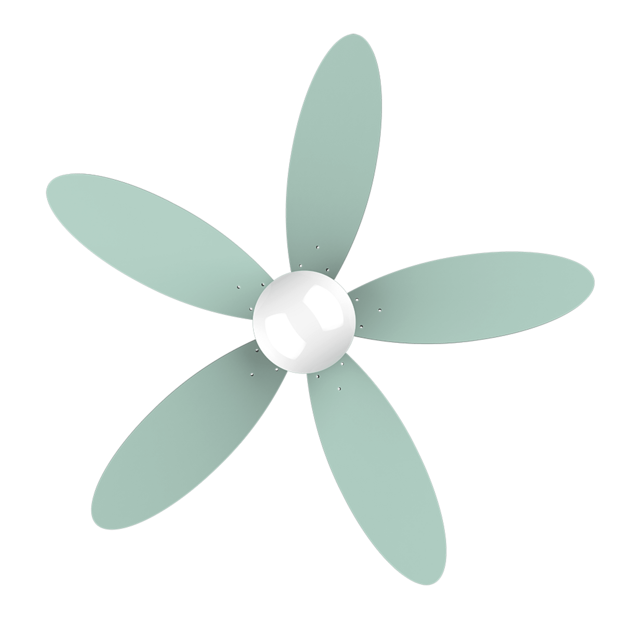 Un ventilador de techo con cinco aspas verde claro y centro blanco.
