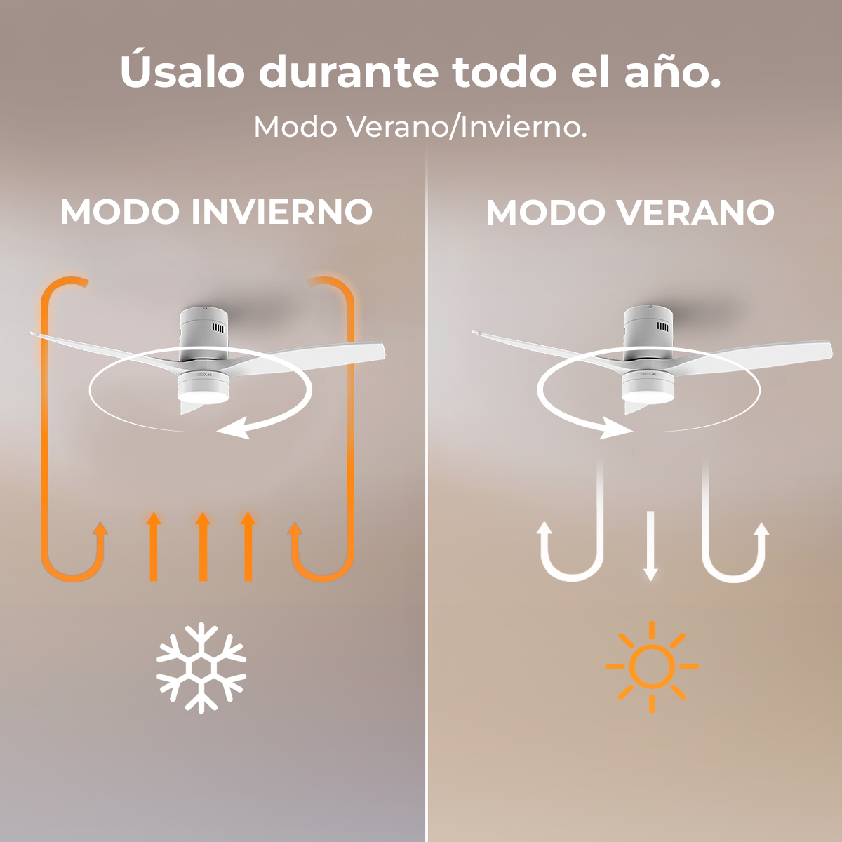 Ventilador de techo en modo invierno y verano