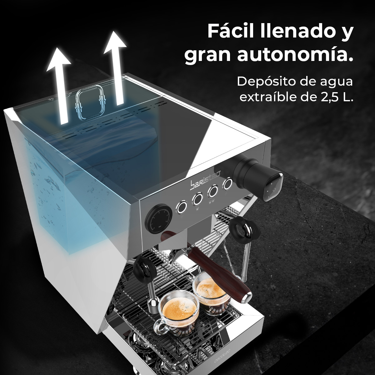 Una máquina de espresso con dos tazas de café, un depósito de agua y botones de control.