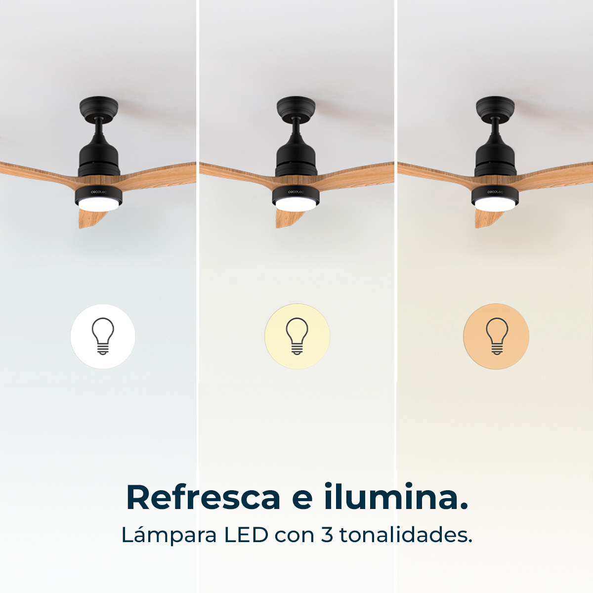 Ventilador de techo con aspas de madera y luz LED, 3 tonos.
