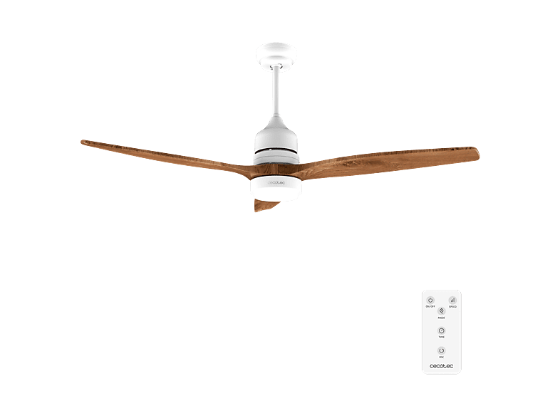 Ventilador de techo - Cecotec EnergySilence Aero 5230 White&BlackWood, motor, luz LED 18W 3 tonos, Mando, Temporizador 8h, 6 velocidades, Blanco