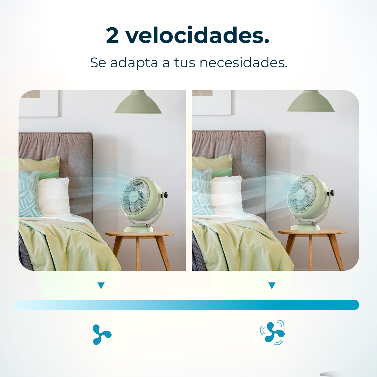 Dos ventiladores uno al lado del otro soplando aire a una cama. Uno gira más rápido.