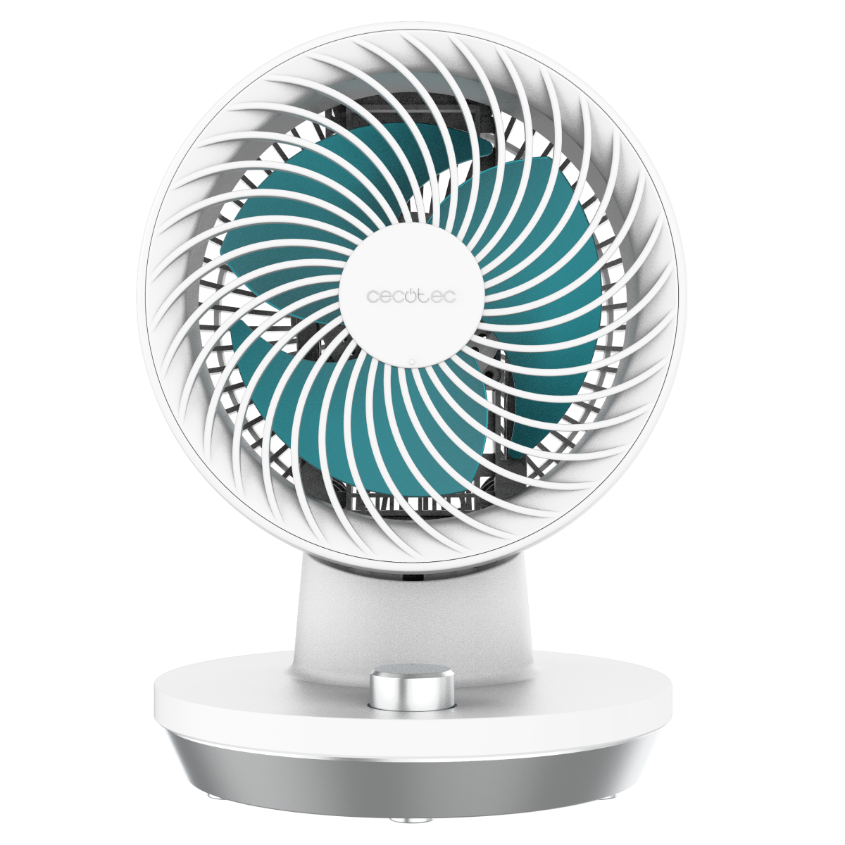 Un ventilador blanco con aspas turquesas descansa sobre una base.