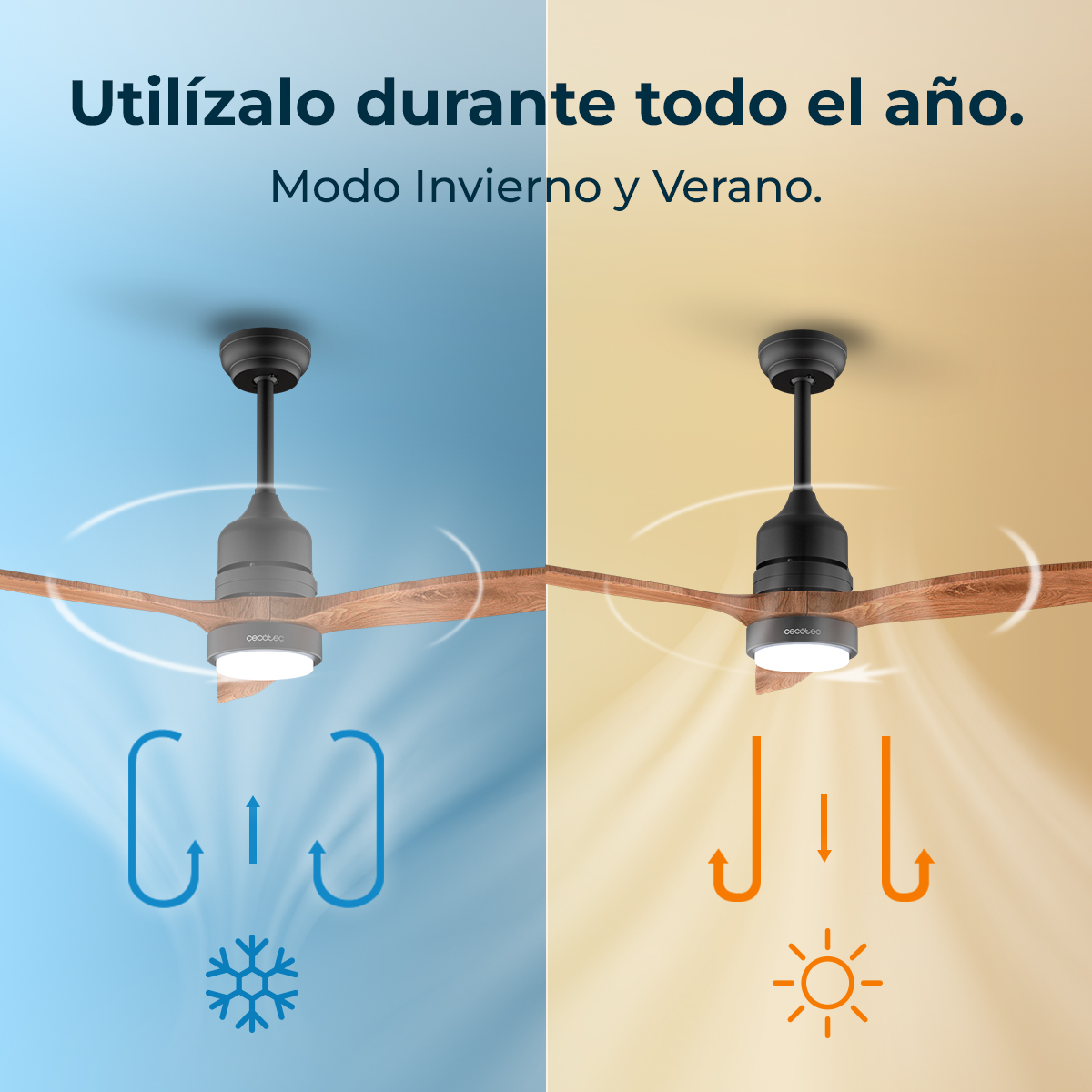 Ventilador de techo con aspas de madera en modo invierno y verano.