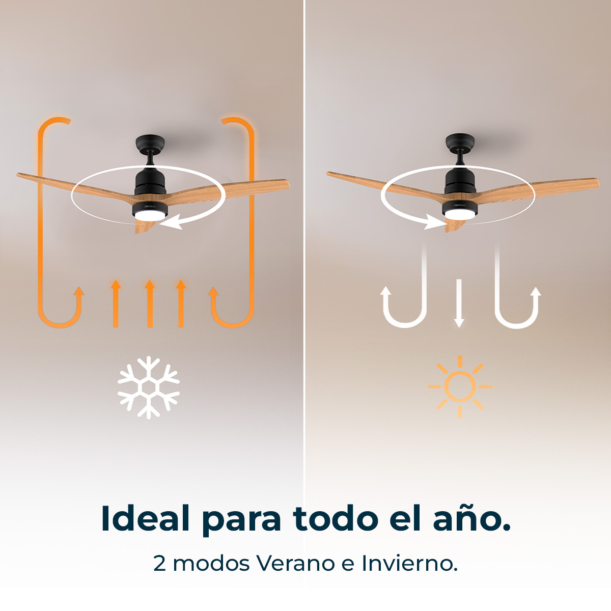 Ventilador de techo con aspas de madera mostrando modos verano e invierno.