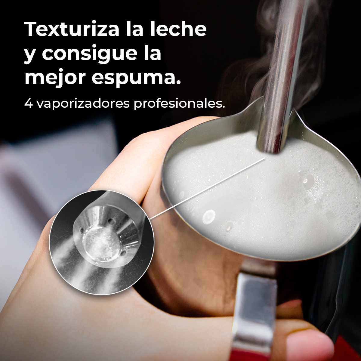 Chorro de vapor de una boquilla espumando leche en una jarra.