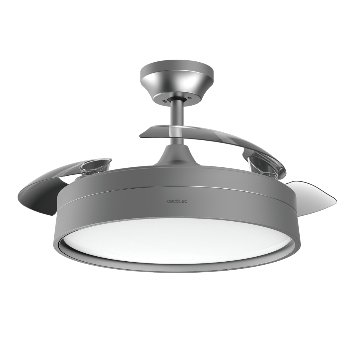 Ventilador de techo gris con luz integrada y aspas transparentes.