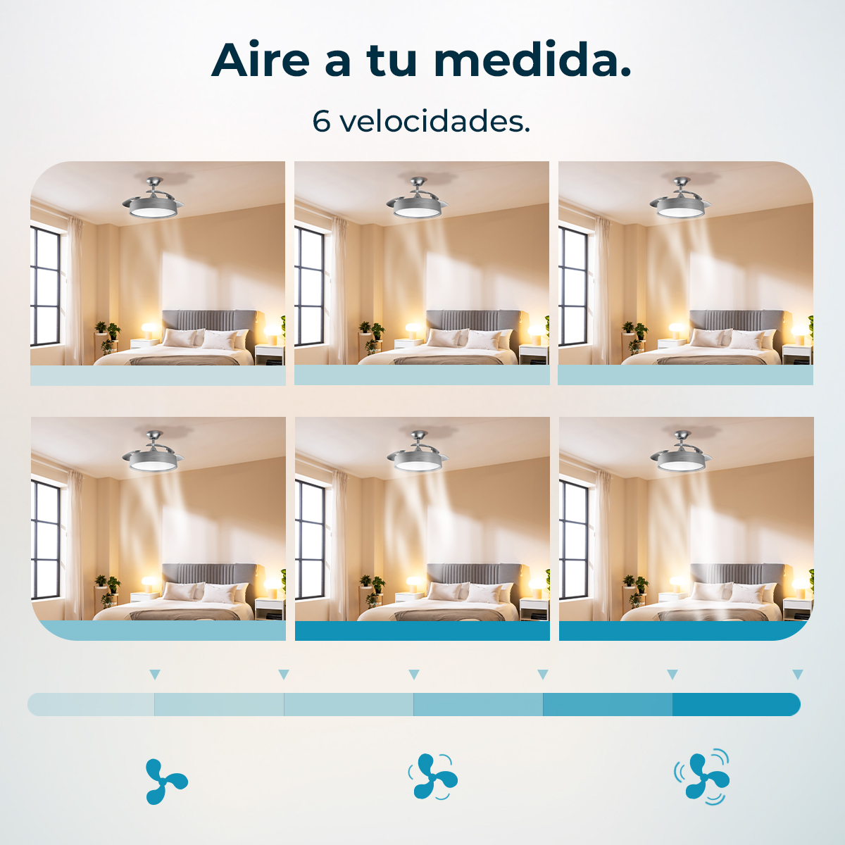 Seis imágenes de un dormitorio con ventilador de techo, mostrando 6 velocidades.