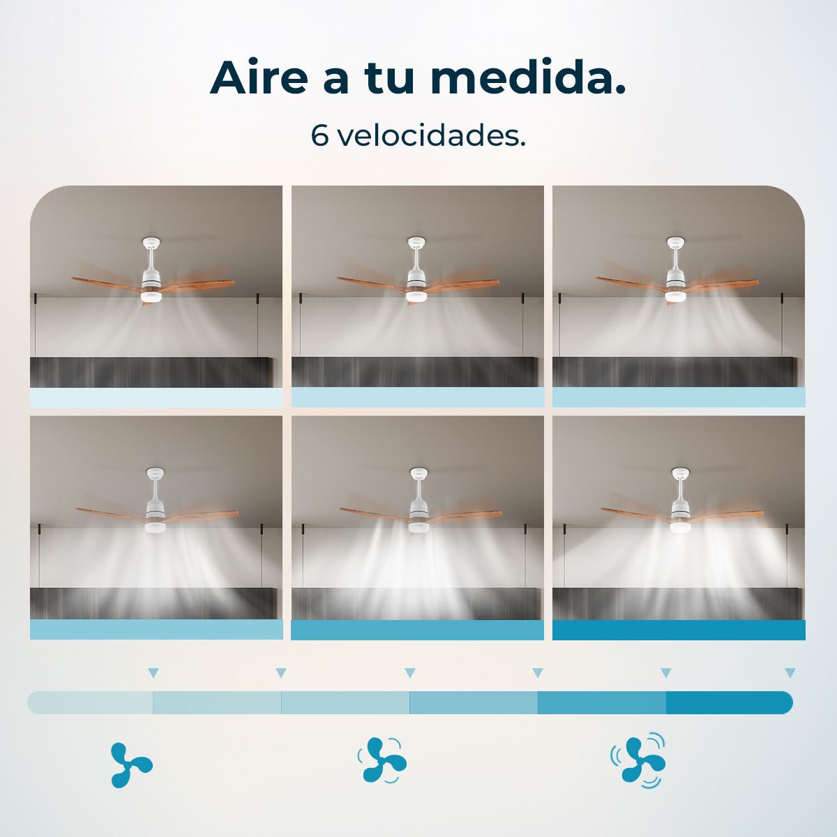 Seis ventiladores de techo con aspas de madera muestran diferentes intensidades de flujo de aire.