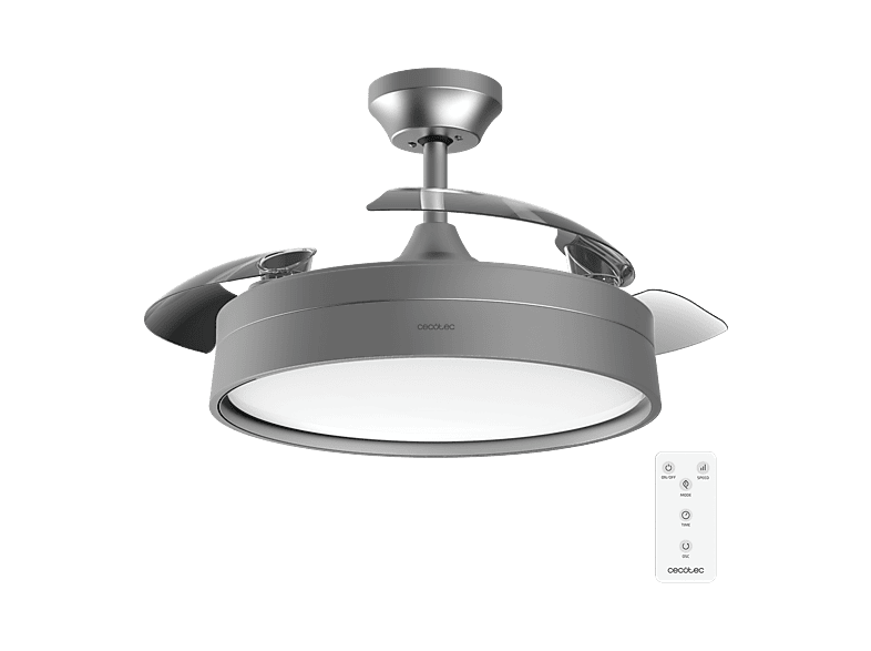 Ventilador de techo - Cecotec 4200 Invisible Steel, Aspas retráctiles, Motor 40W, 42", Luz LED 36W 3 tonos, Mando, 6 velocidades, Temporizador, Plata
