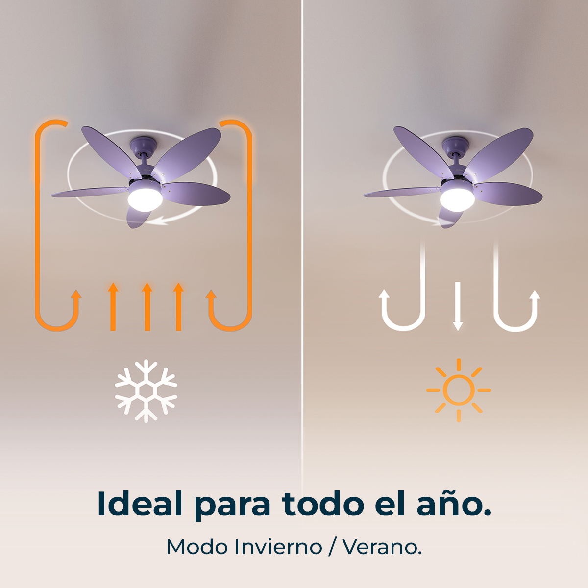 Ventilador de techo en modo invierno y verano con indicadores.