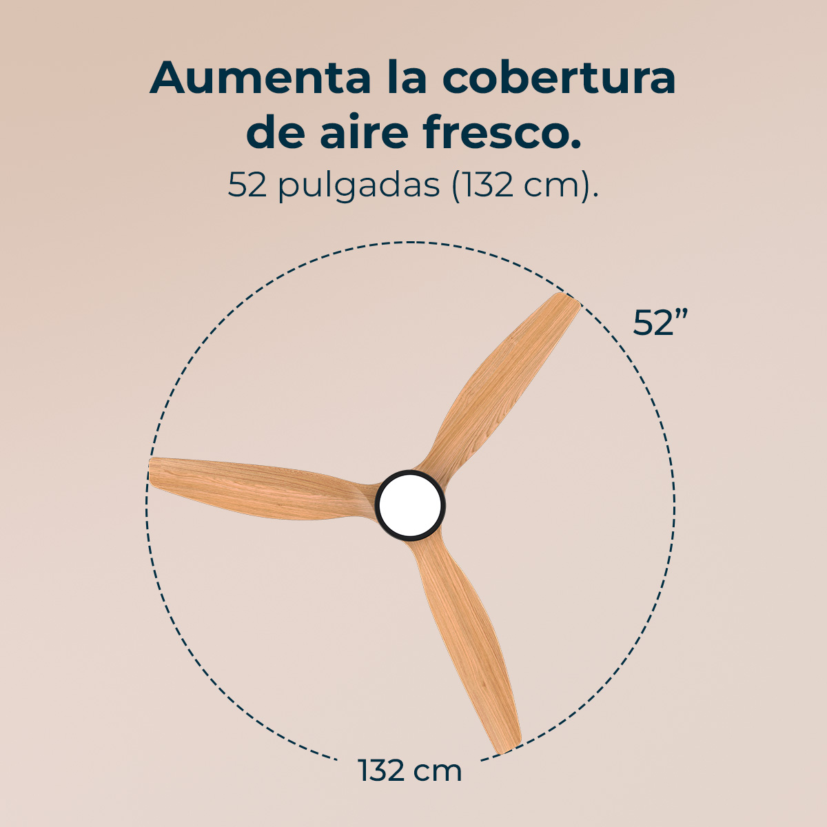 Ventilador de techo con tres aspas de madera, 52 pulgadas (132 cm).