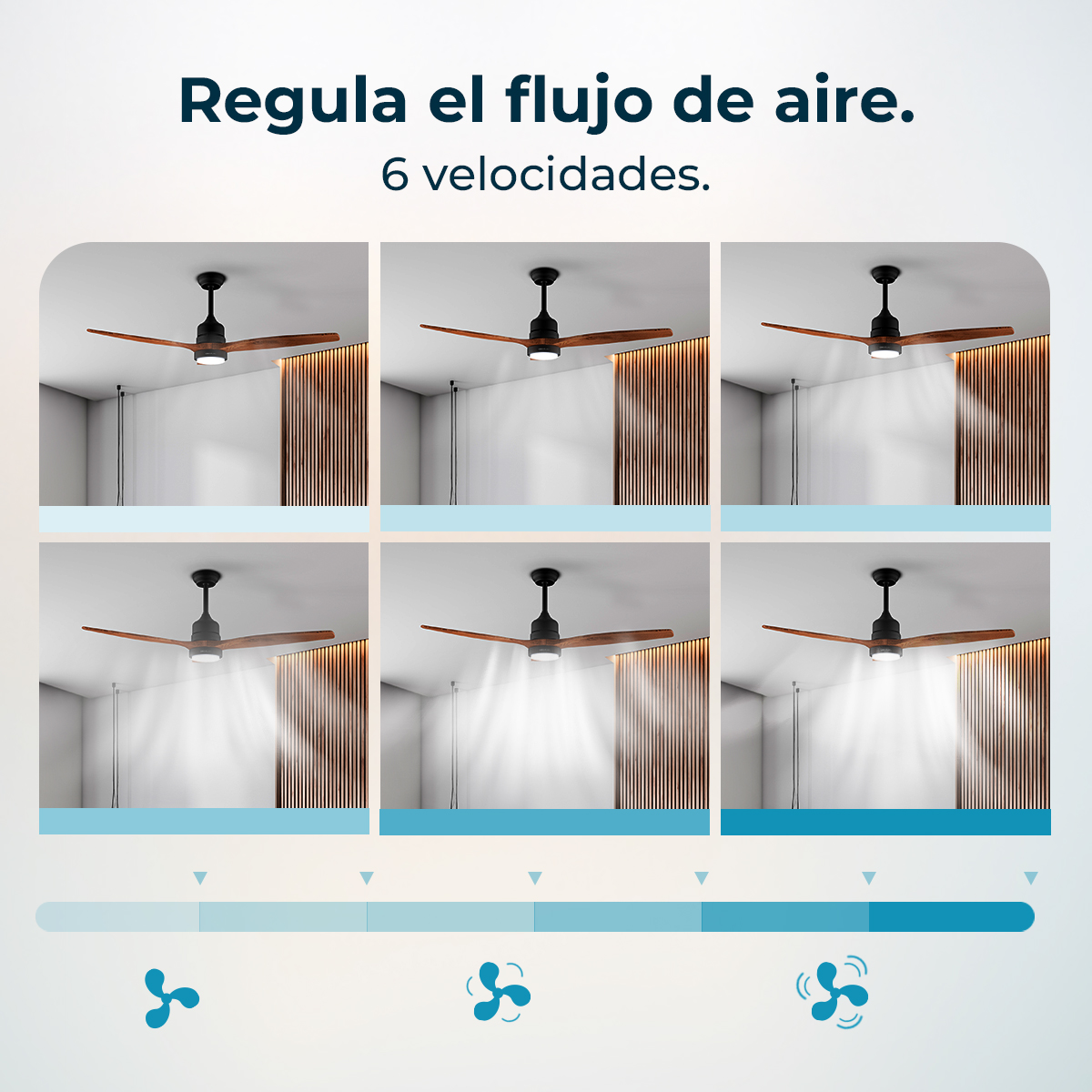 Ventilador de techo con aspas de madera y 6 velocidades.