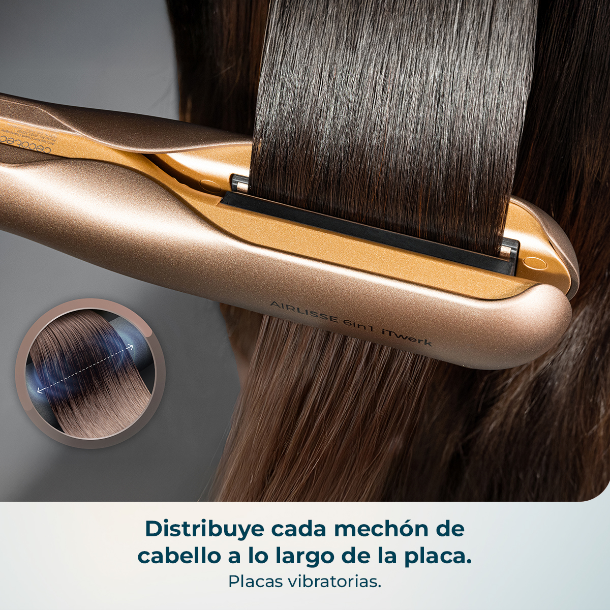 Plancha dorada alisando cabello oscuro. Primer plano. Insert muestra mechones.