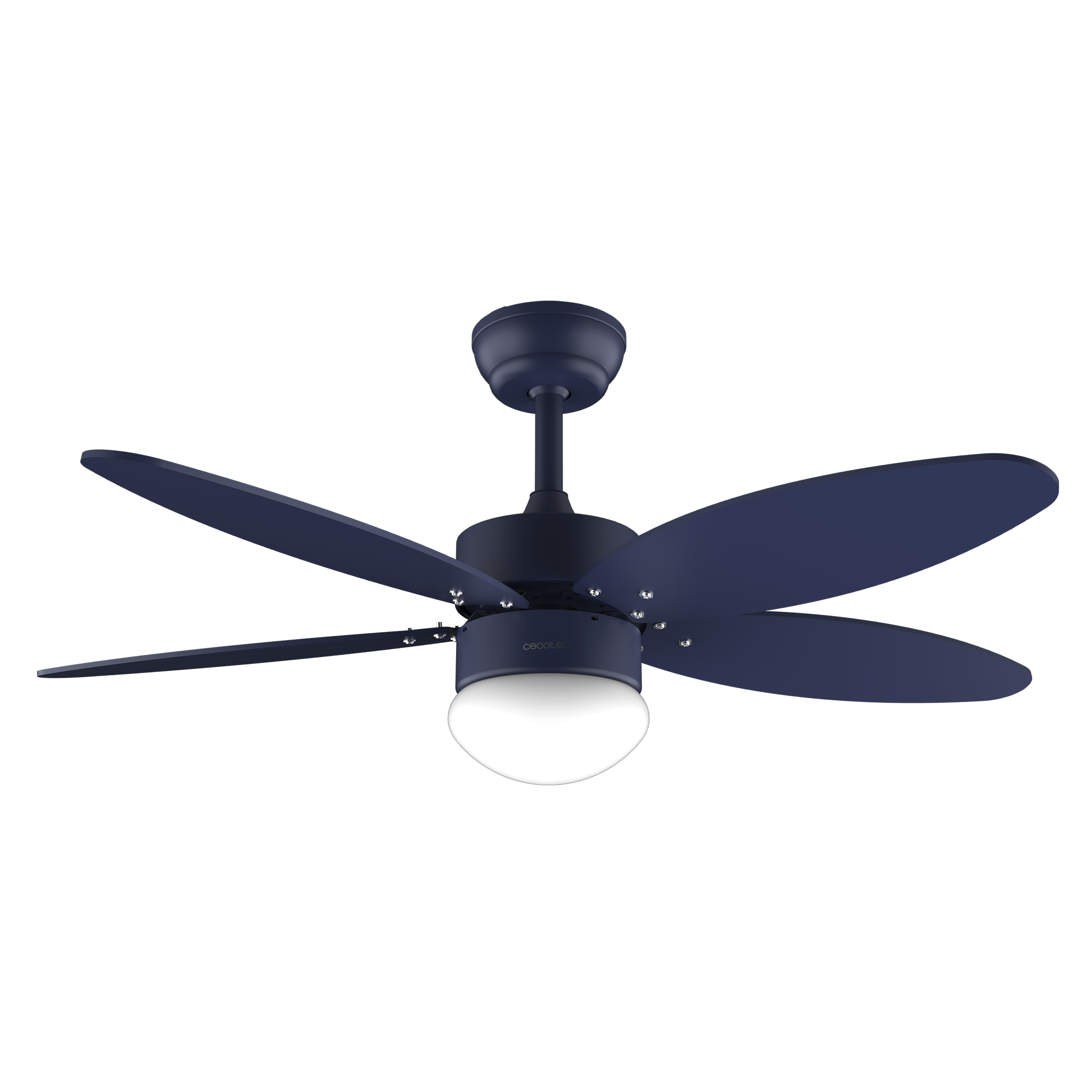 Ventilador de techo azul oscuro con luz, cuatro aspas y detalles plateados.