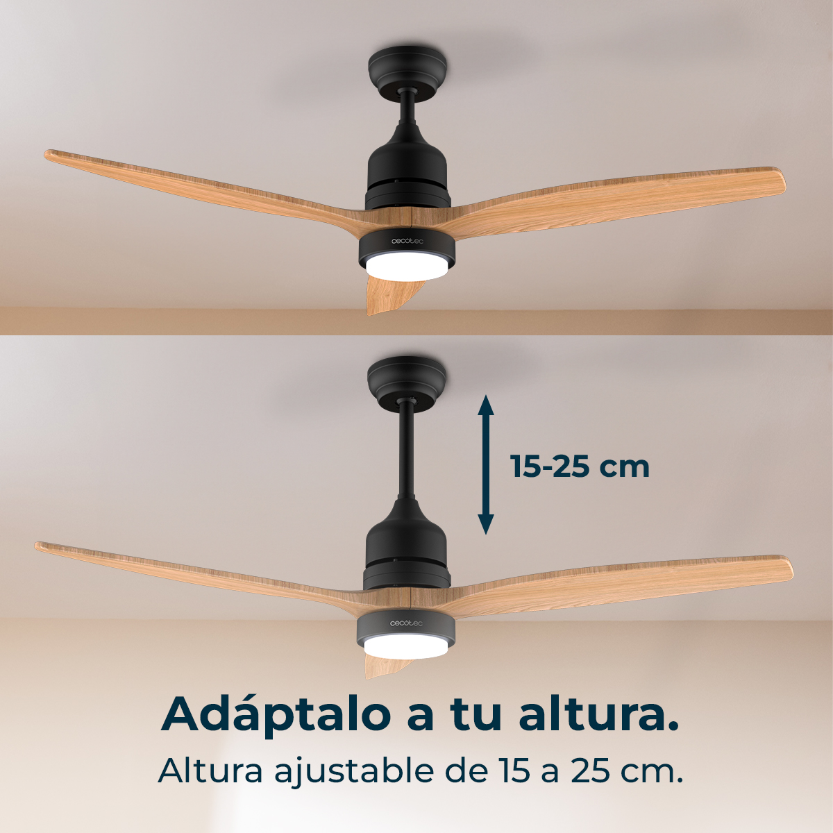 Ventilador de techo negro con aspas de madera y luz, altura ajustable.