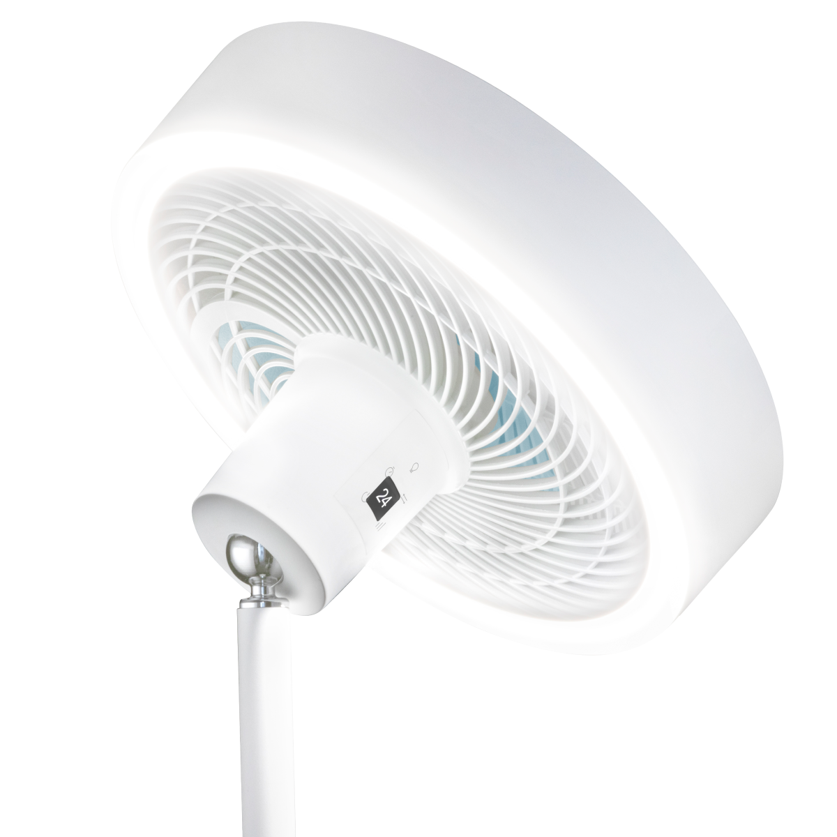 Un ventilador blanco con borde brillante y un eje.