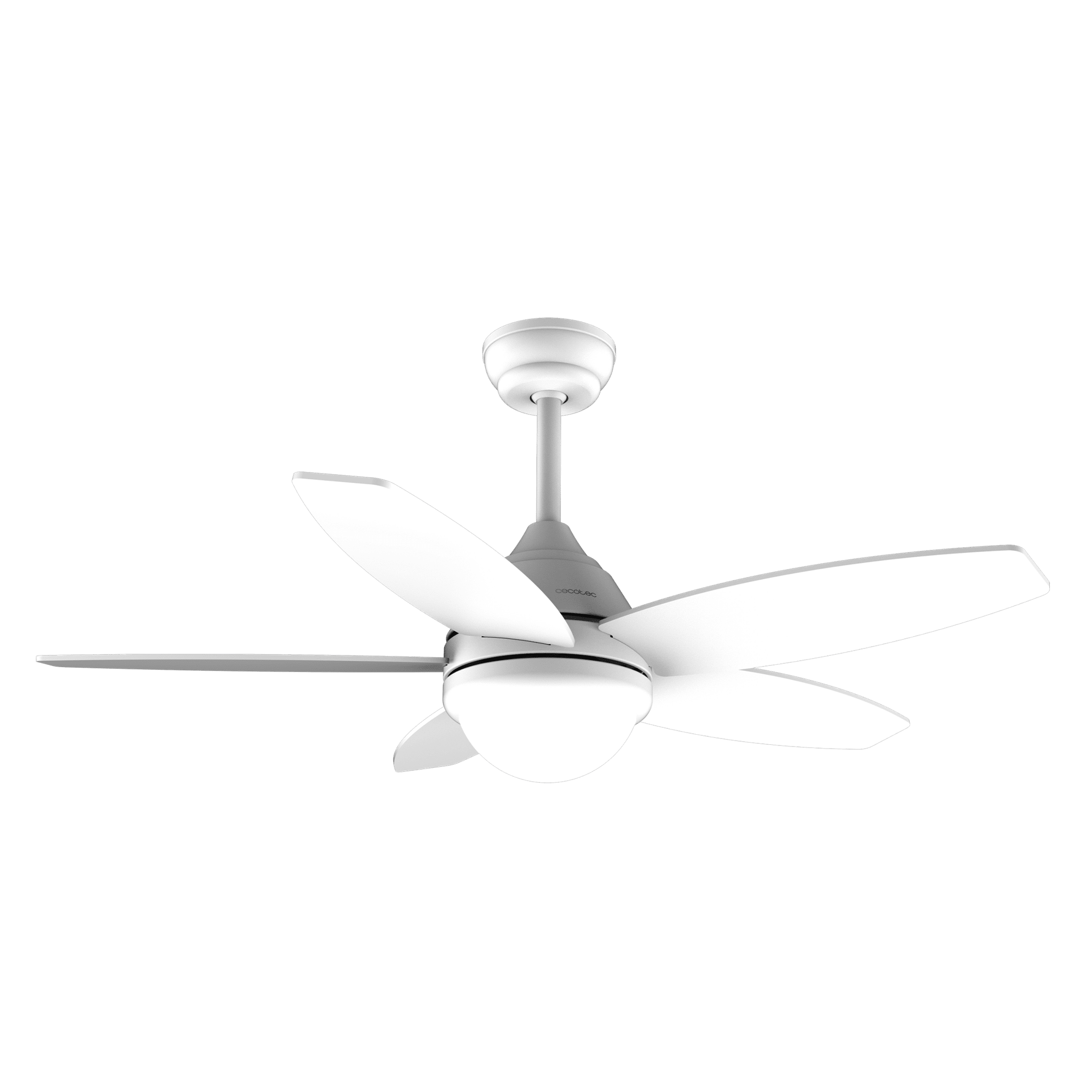 Un ventilador de techo blanco con cinco aspas y una luz en el centro.