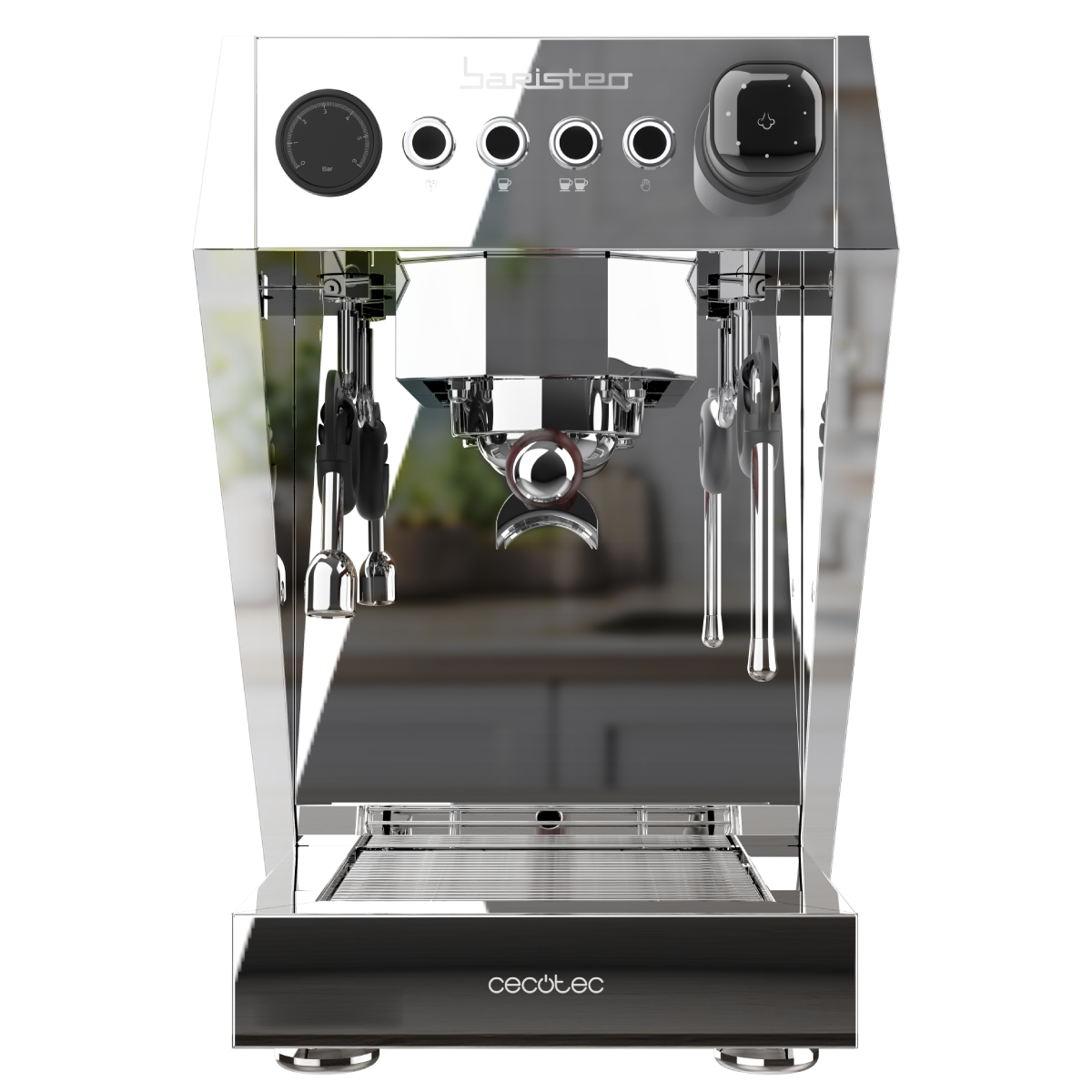 Una elegante máquina de espresso cromada con manómetro y botones.