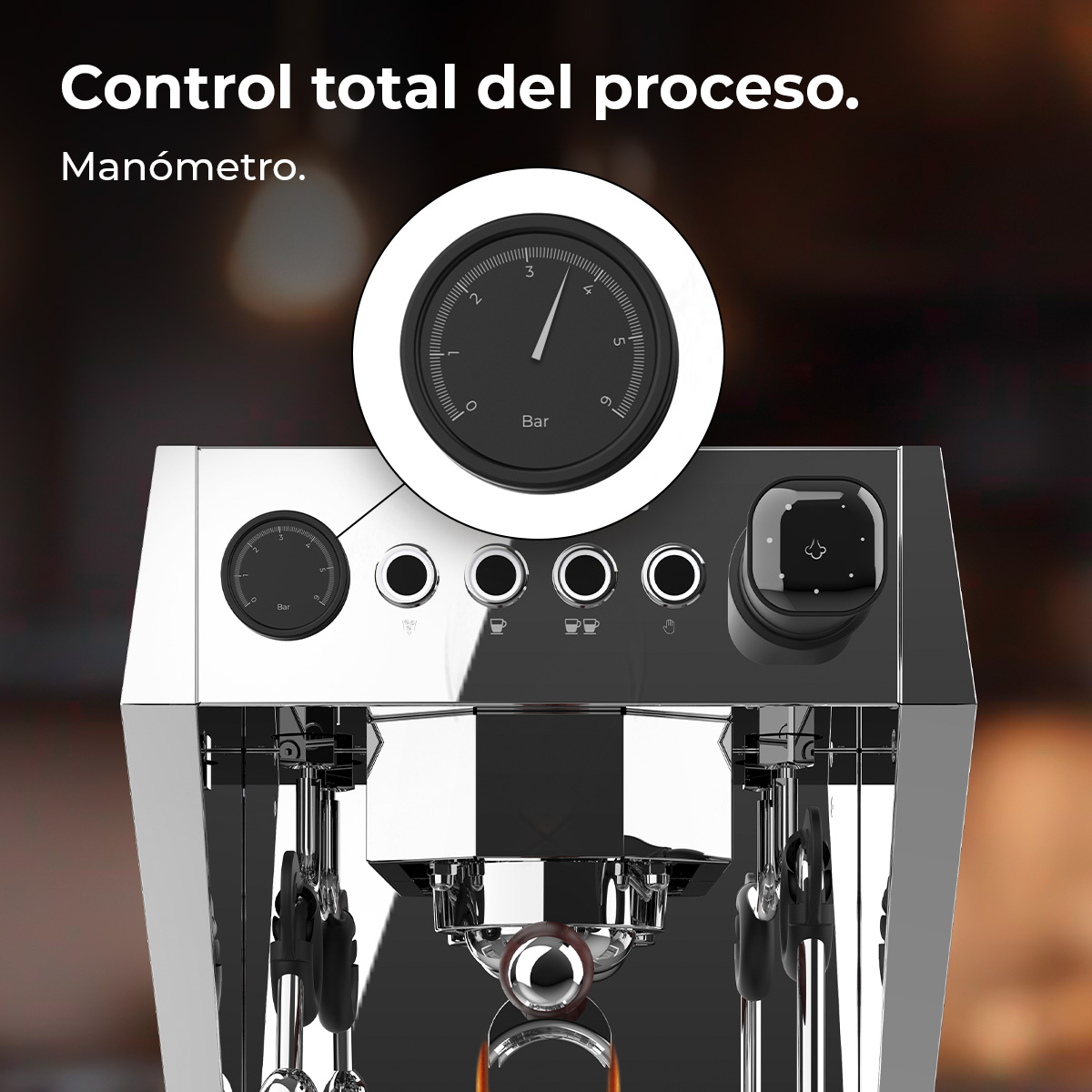 Máquina de espresso brillante con manómetro marcando 2.5 bar.