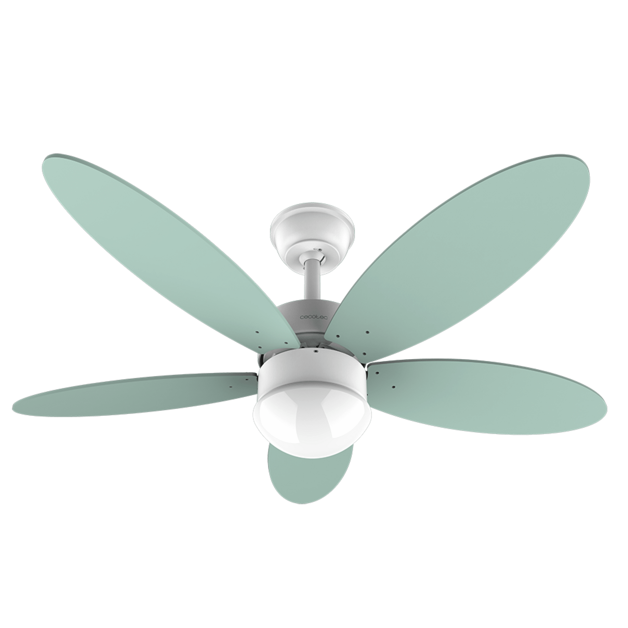 Un ventilador de techo blanco con cinco aspas verde pálido y una lámpara.