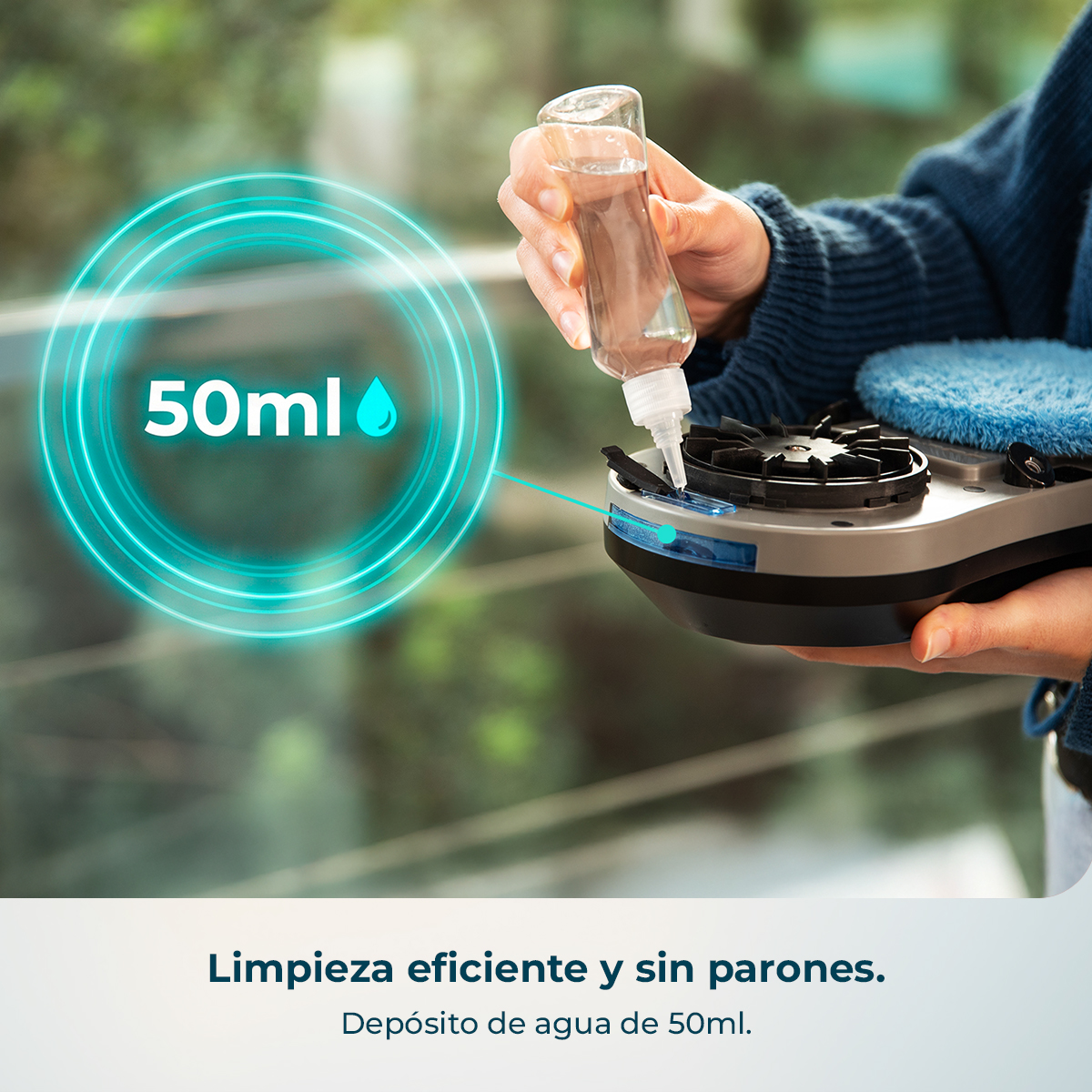 Limpieza eficiente y sin parones. Depósito de agua de 50 ml.