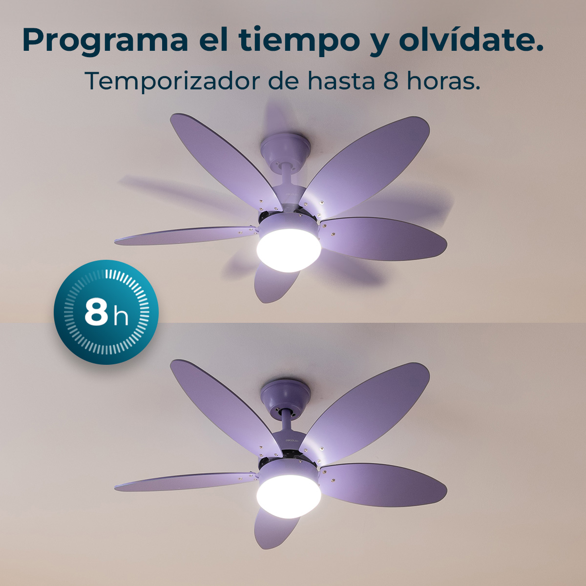 Dos ventiladores de techo morados con luces, uno encima del otro.