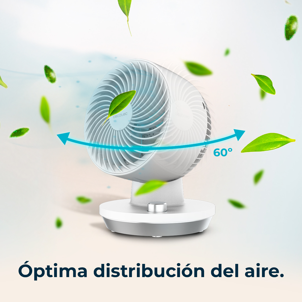 Un ventilador blanco oscilando 60 grados, rodeado de hojas verdes volando.