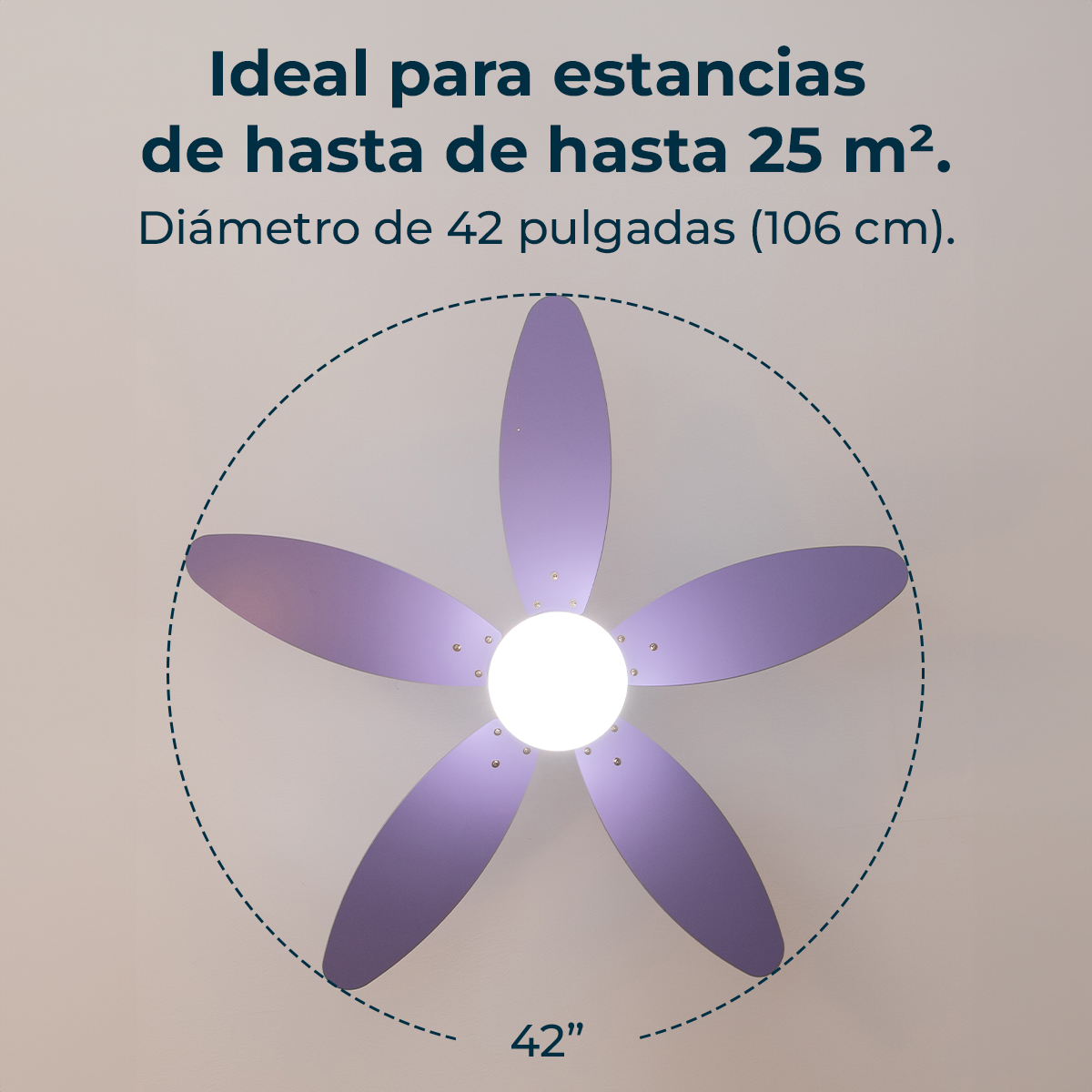 Ventilador de techo morado de 5 aspas con luz central, 106 cm de diámetro.